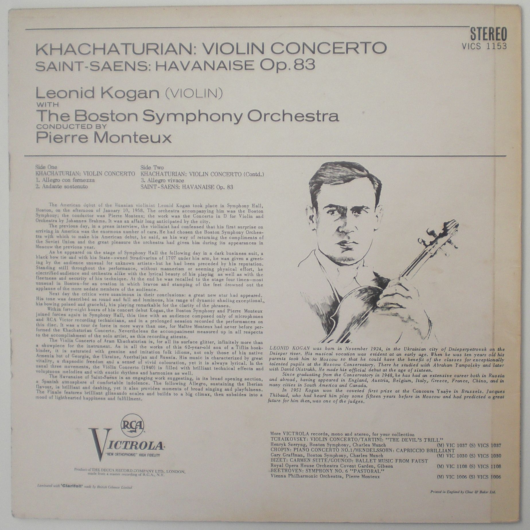 Leonid Kogan, Boston Symphony, Monteux, B side of record sleeve